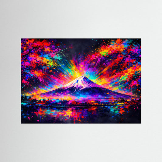 Gerahmtes Kunstposter mit Pop-Art Mount Fuji und bunten Regenbogenstrahlen, Spiegelung im Wasser