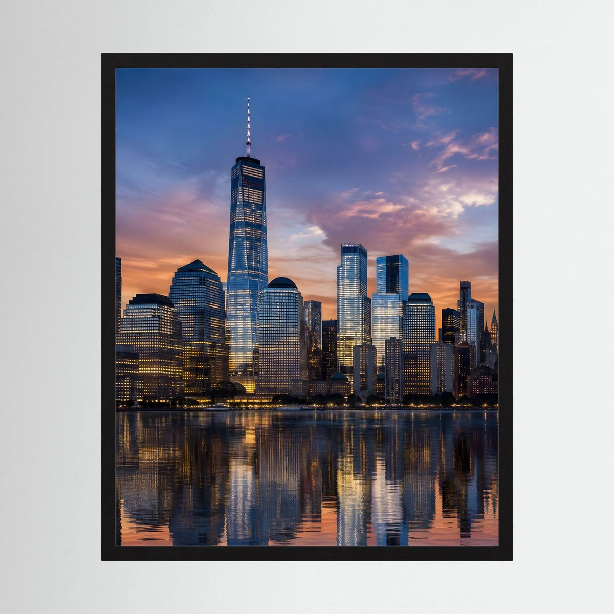 Stadt-Skyline-Poster Manhattan bei Sonnenuntergang im schwarzen Rahmen, Hochformat