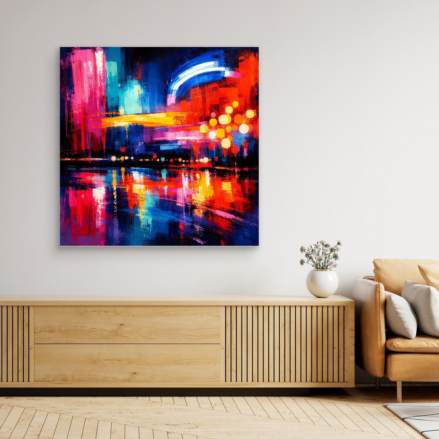 Gerahmtes Leinwandbild mit abstrakter Skyline bei Nacht, blau-rote Lichter und Spiegelung