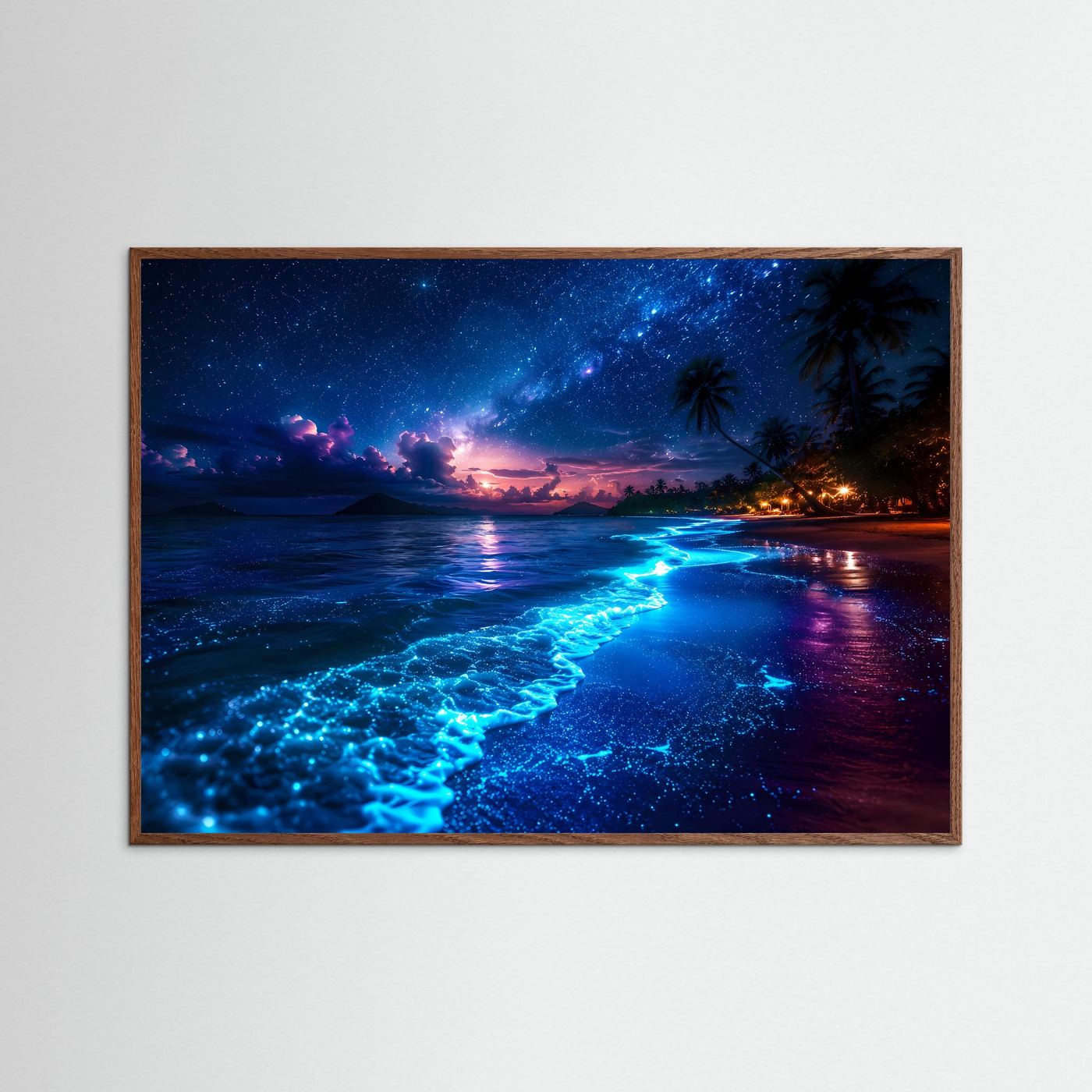 Leuchtender Biolumineszenz Strand Poster Querformat | Tropischer Sternenhimmel & Ozean Wandbild | Magische Nachtlandschaft