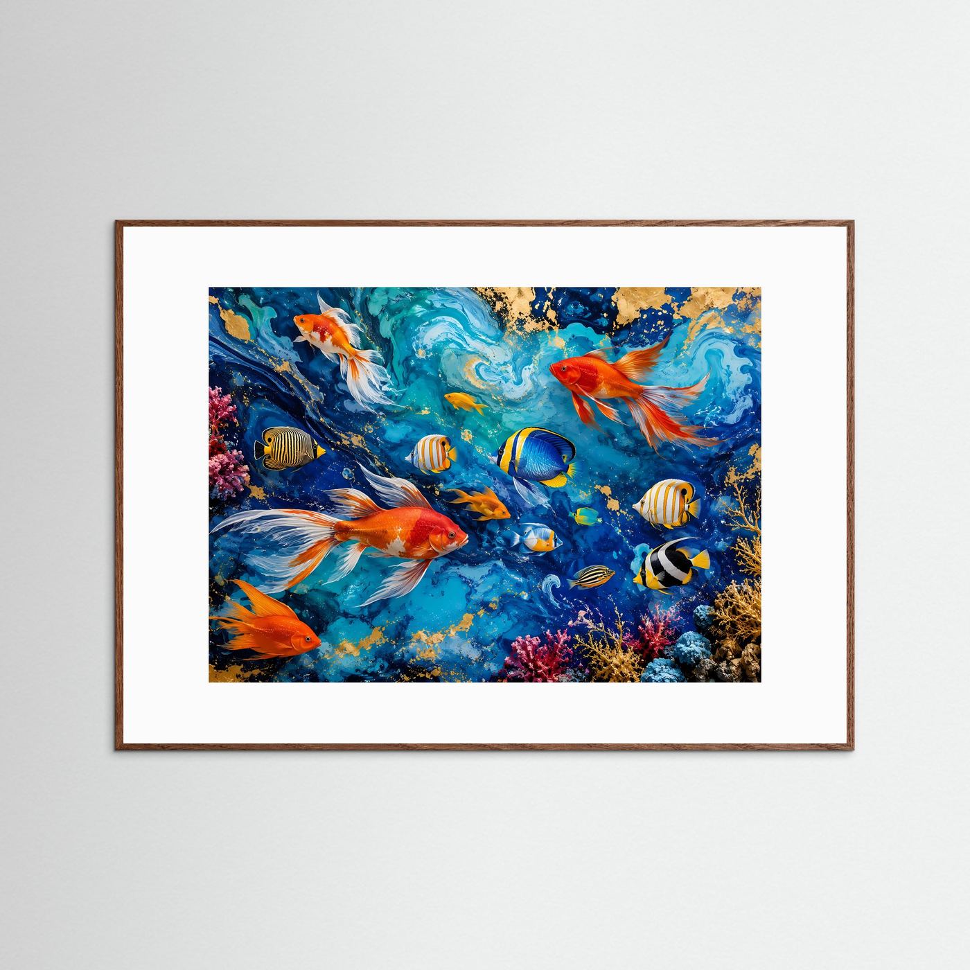 Ozean-Fische in Blau & Gold | Modernes Wandbild mit Fluid Art & Korallenriff