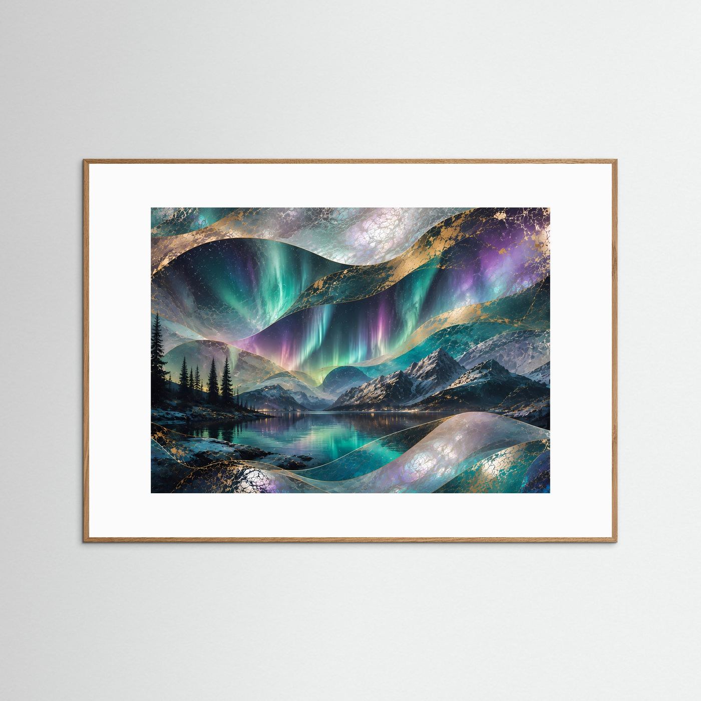 Querformat-Poster: Aurora über Bergsee in Türkis/Violett, Perlmutt & Gold, braun gerahmt