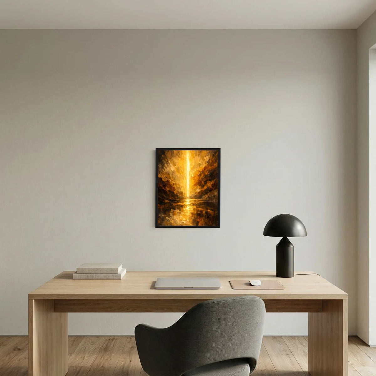 Quadratisches Wandbild im schwarzen Rahmen, gold-schwarzer Canyon mit zentraler Lichtquelle