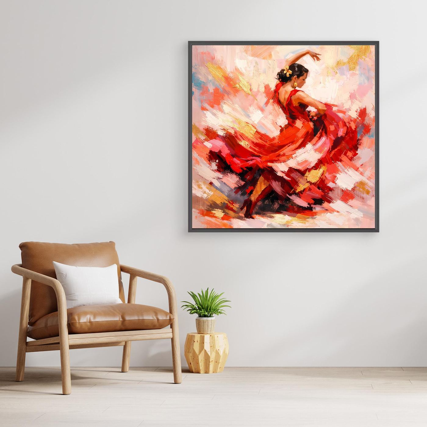 Leinwandbild Flamenco-Tänzerin, abstrakt in Rot und Schwarz, mit schwarzem Rahmen