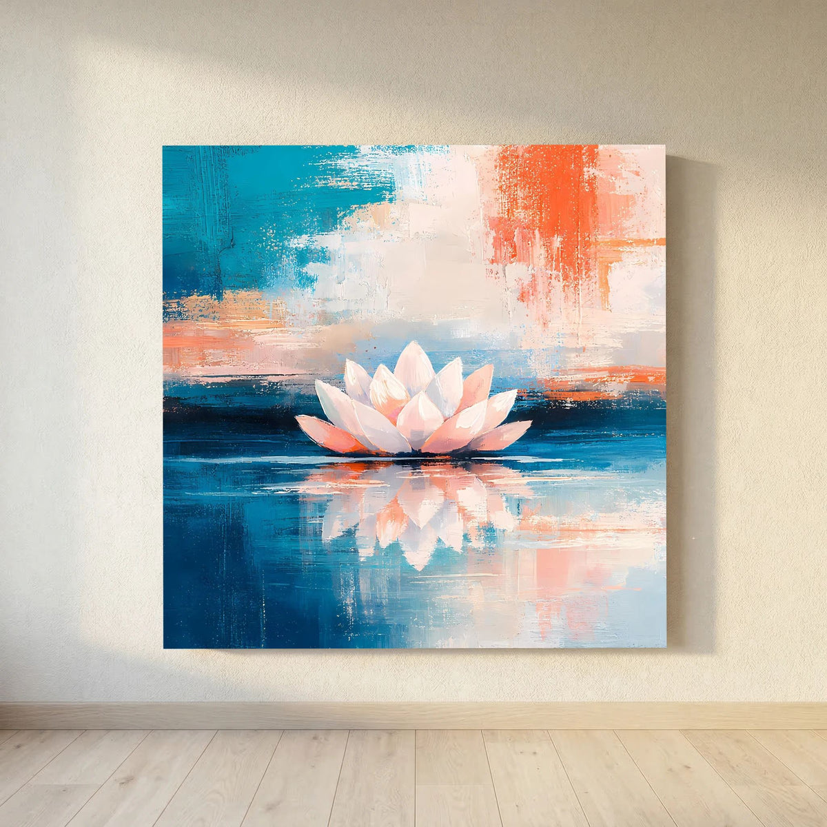 Leinwandbild: Lotusblüte auf Wasseroberfläche, blau und orangefarbene Pinselstruktur.