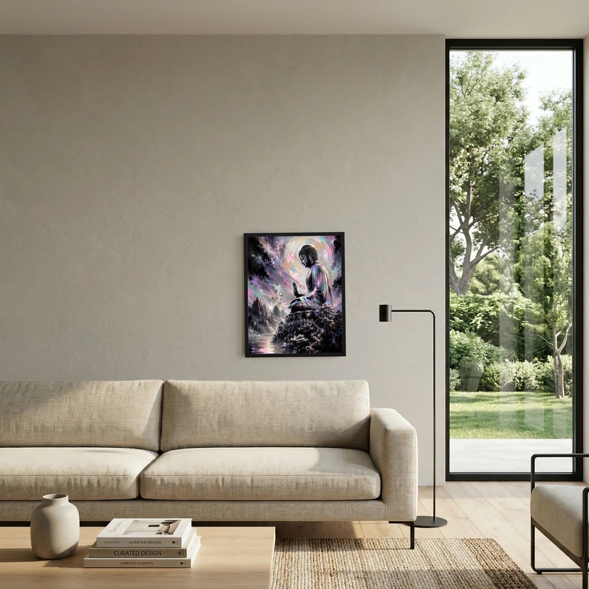 Gerahmtes Kunstposter Hochformat: sitzender Buddha mit Pastell-Halo und violetten Wolken