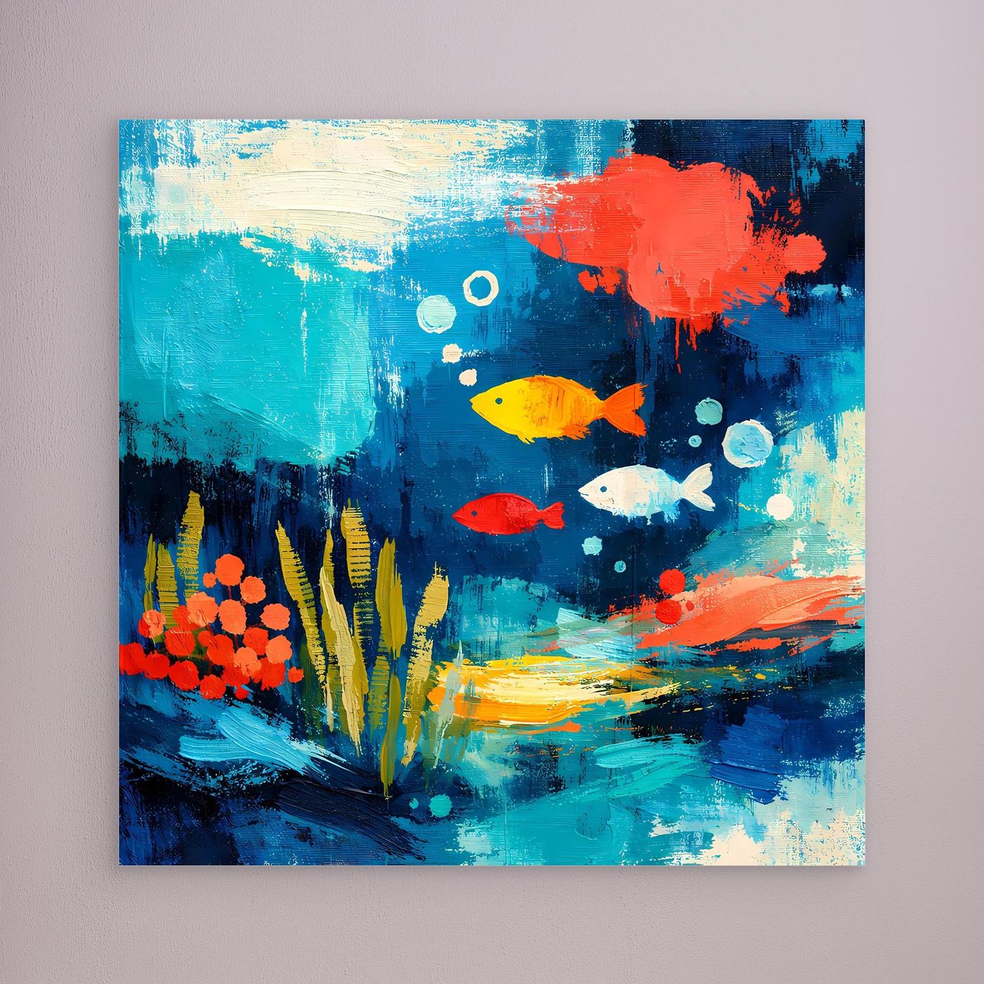 Abstract underwater wall art with colorful fish and coral, unframed canvas