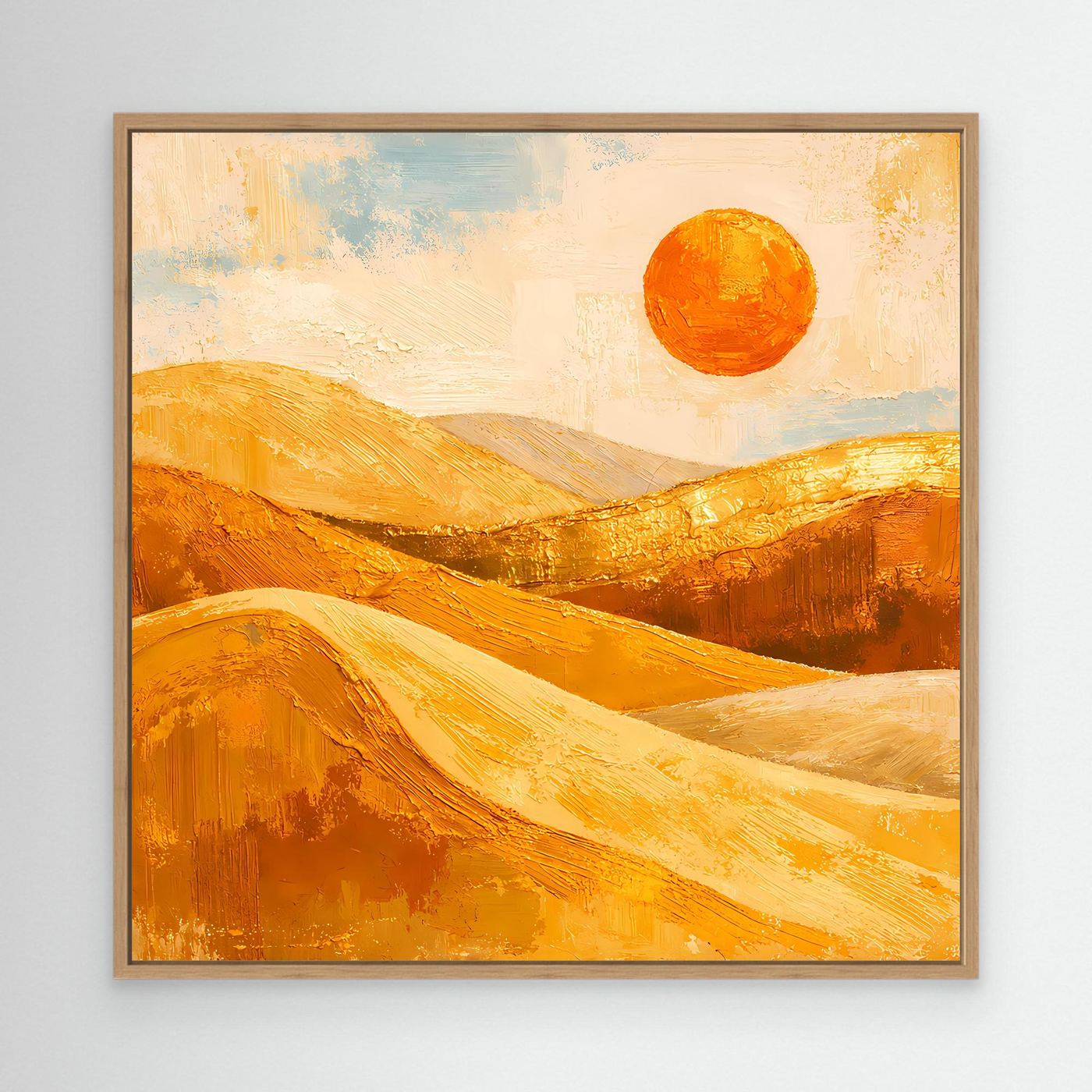 Abstraktes Leinwand-Wandbild mit braunem Rahmen: goldene Dünenlandschaft und orangefarbene Sonne