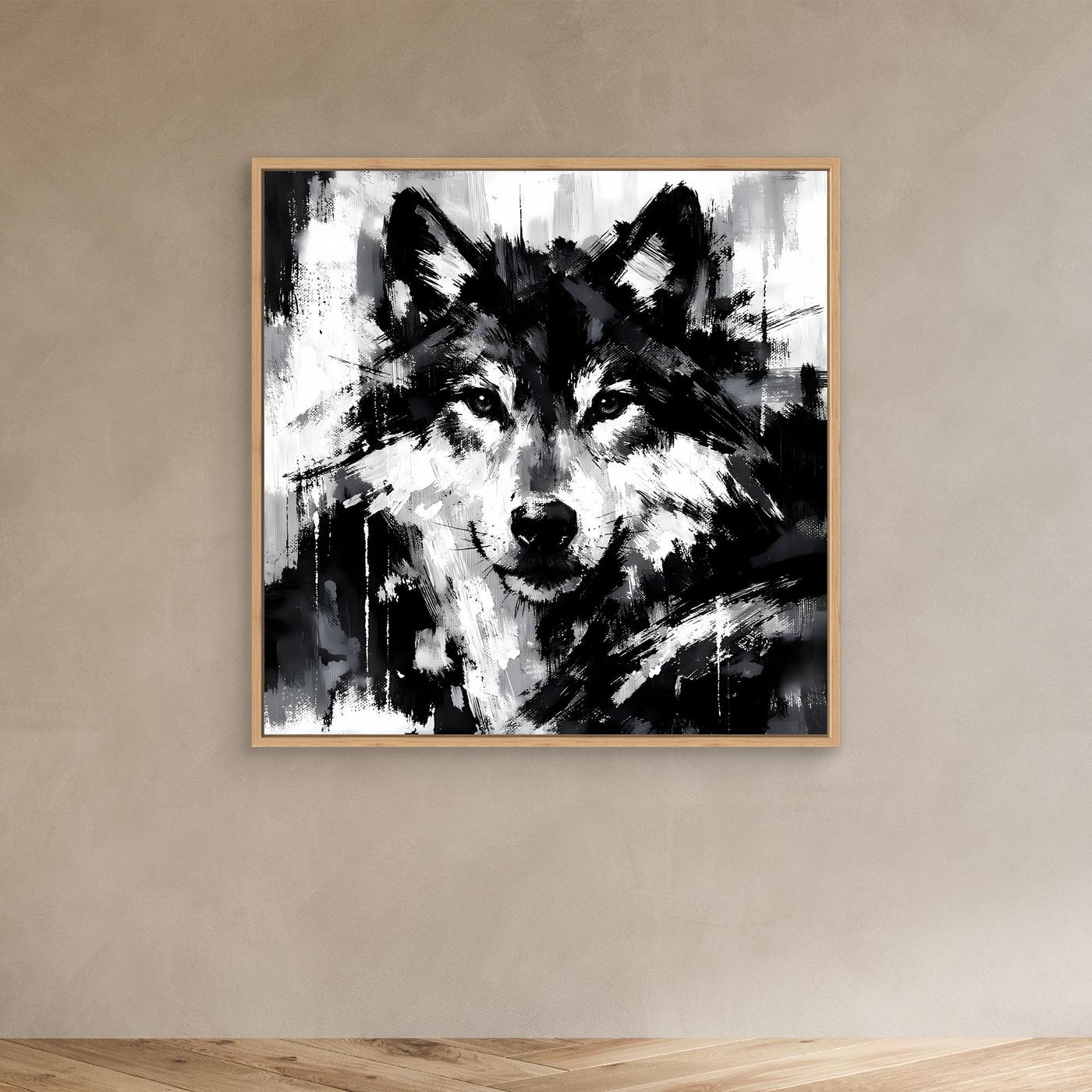 Leinwand-Wandbild mit abstraktem Wolfsgesicht in Schwarzweiß, Eichenholzrahmen