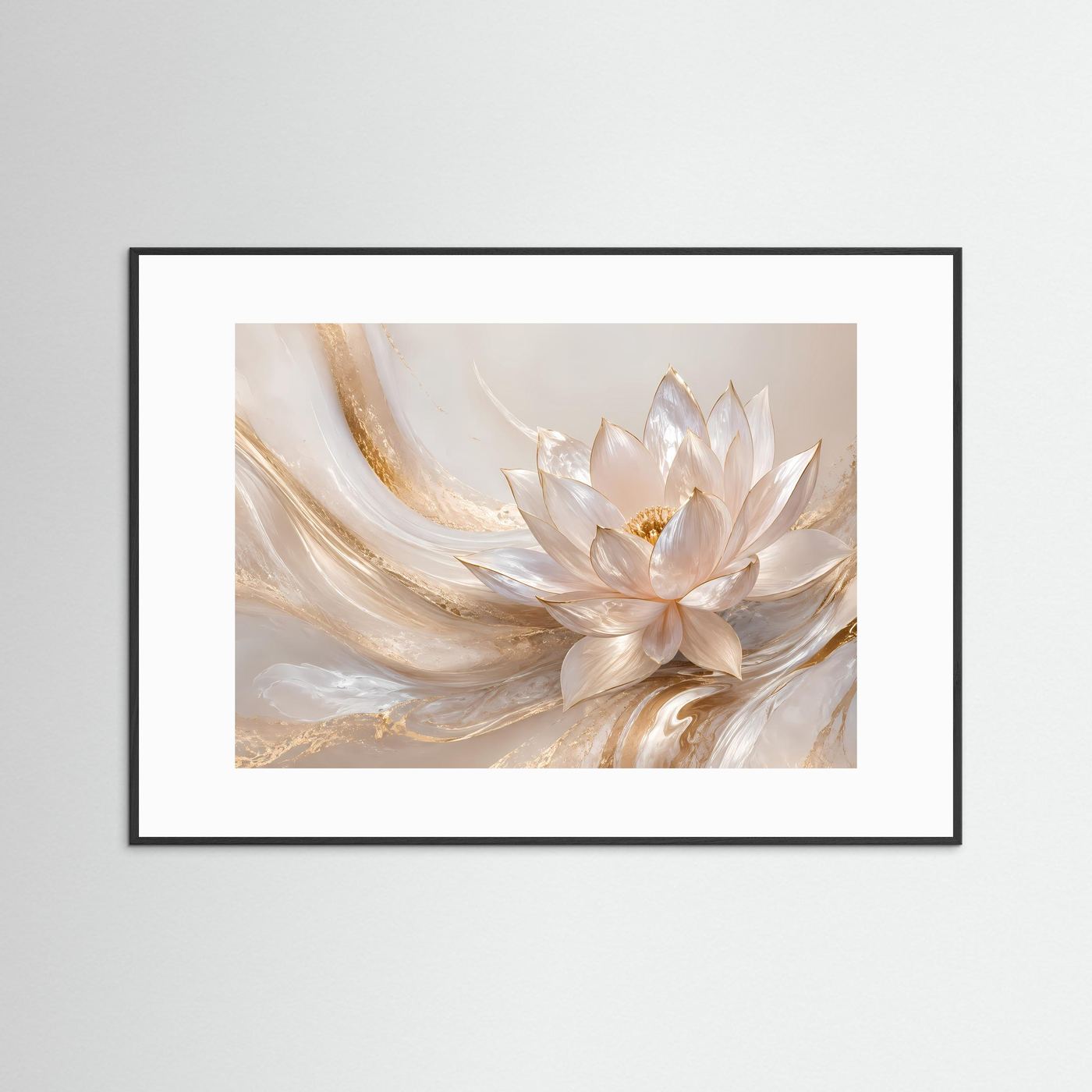Querformat-Poster mit Lotusblüte in Creme und Gold im schwarzen Rahmen mit weißem Rand