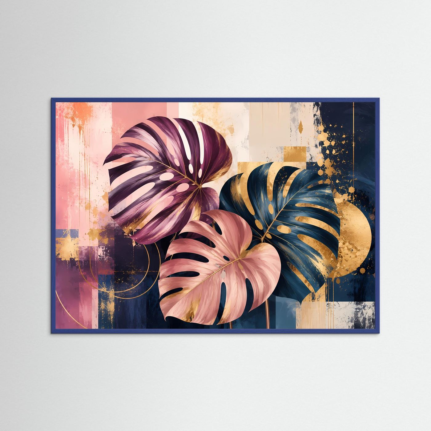 Elegante Monstera Blätter in Rosa, Blau & Gold | Abstrakte Botanik Poster Querformat