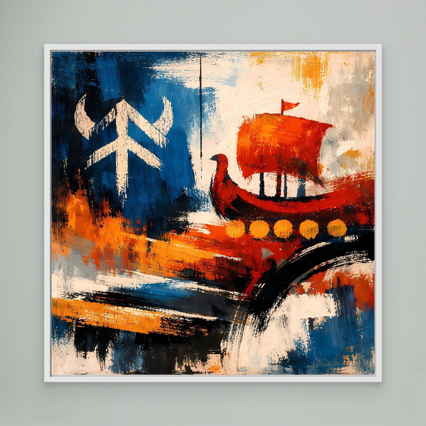 Gerahmtes abstraktes Wikingerschiff-Wandbild mit blauen, roten und orangefarbenen Pinselstrichen
