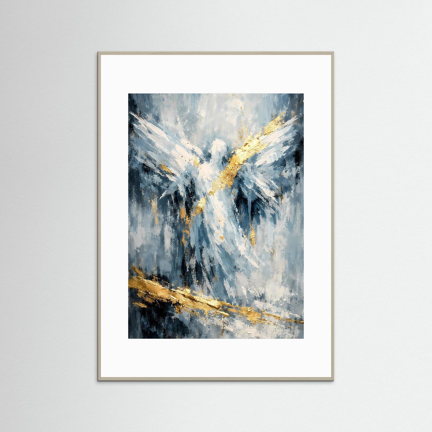 Engel-Poster mit abstrakten Flügeln in Tiefblau, Weiß und Gold; beiger Rahmen