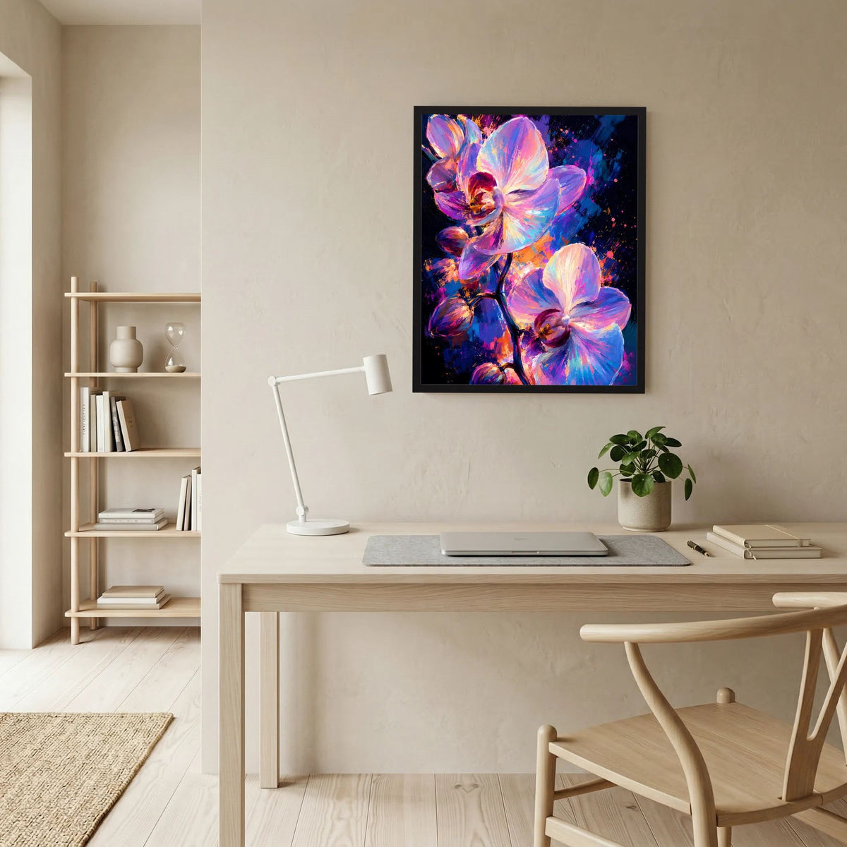Gerahmtes Hochformat-Poster mit Orchideen in Pink, Violett und Blau, leuchtender Stil