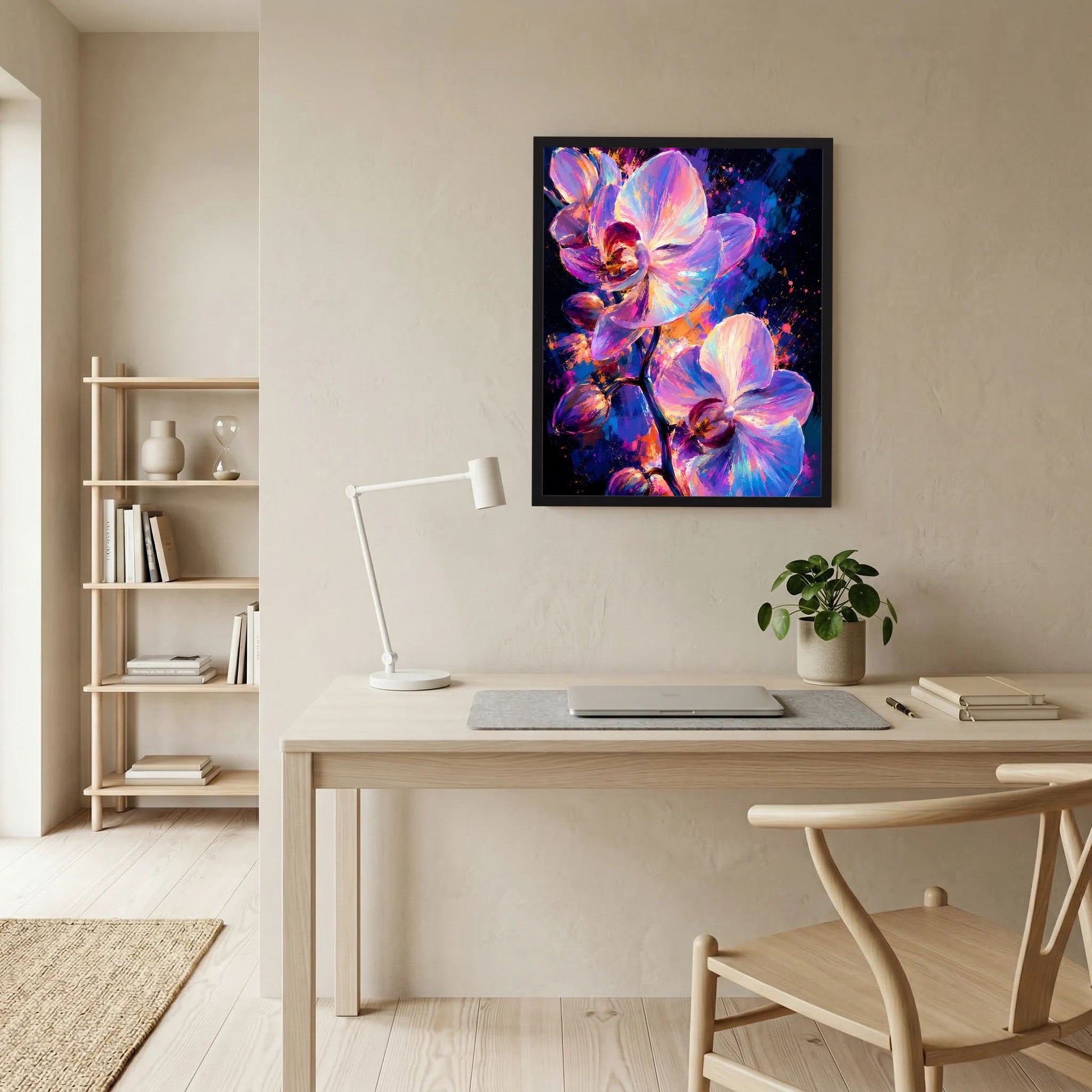 Gerahmtes Hochformat-Poster mit Orchideen in Pink, Violett und Blau, leuchtender Stil