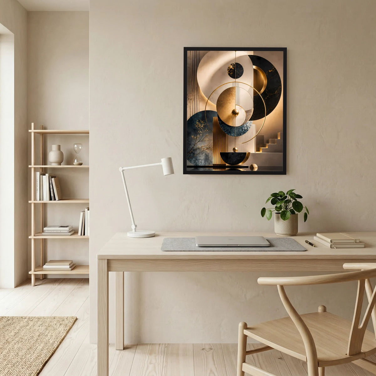 Gerahmtes abstraktes Poster mit goldenen, schwarzen und petrolfarbenen Kreisen auf Hellbeige