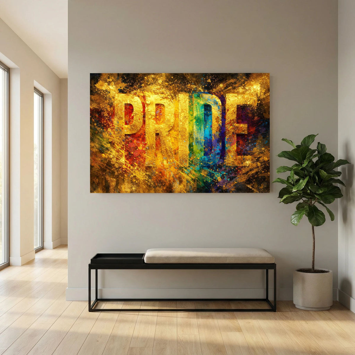 Wandbild im Querformat mit goldfarbenem PRIDE-Schriftzug und bunten Sprenkeln