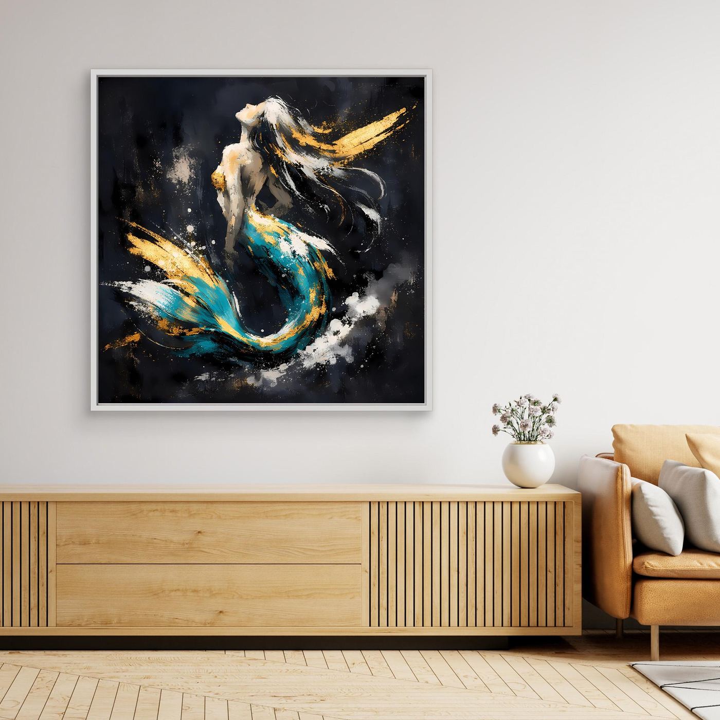 Leinwand Elegante Meerjungfrau in Türkis und Gold | Modernes Fantasy Wandbild