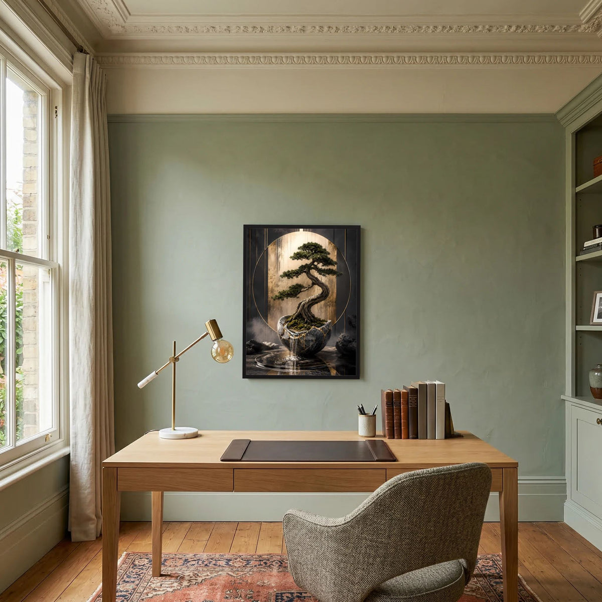 Gerahmtes Poster mit Zen-Bonsai: gebogener Baum in Keramikschale, goldene Lichtspirale