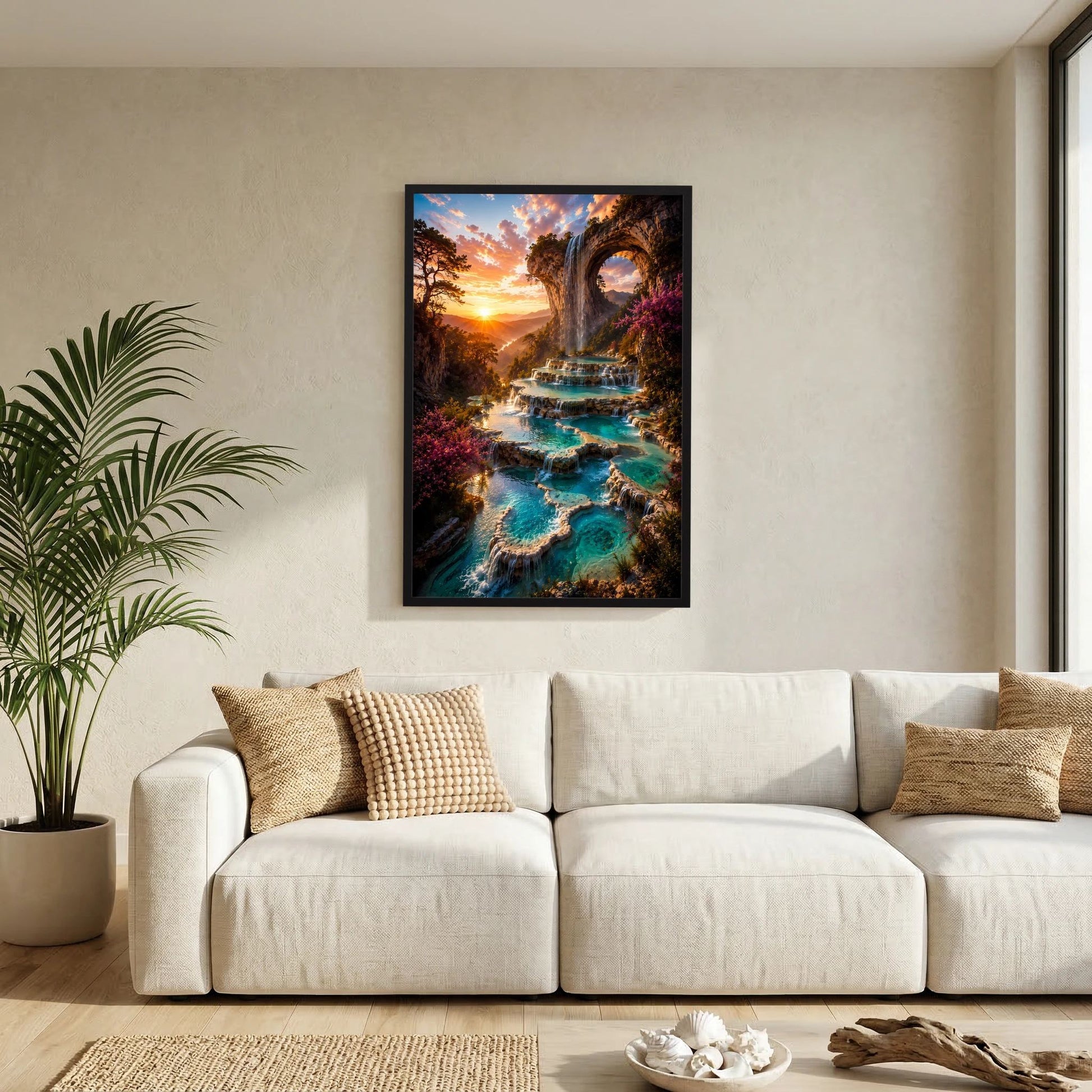 Kunstposter Hochformat mit schwarzem Rahmen, Wasserfall und türkisfarbenes Flussbett im Felsbogen