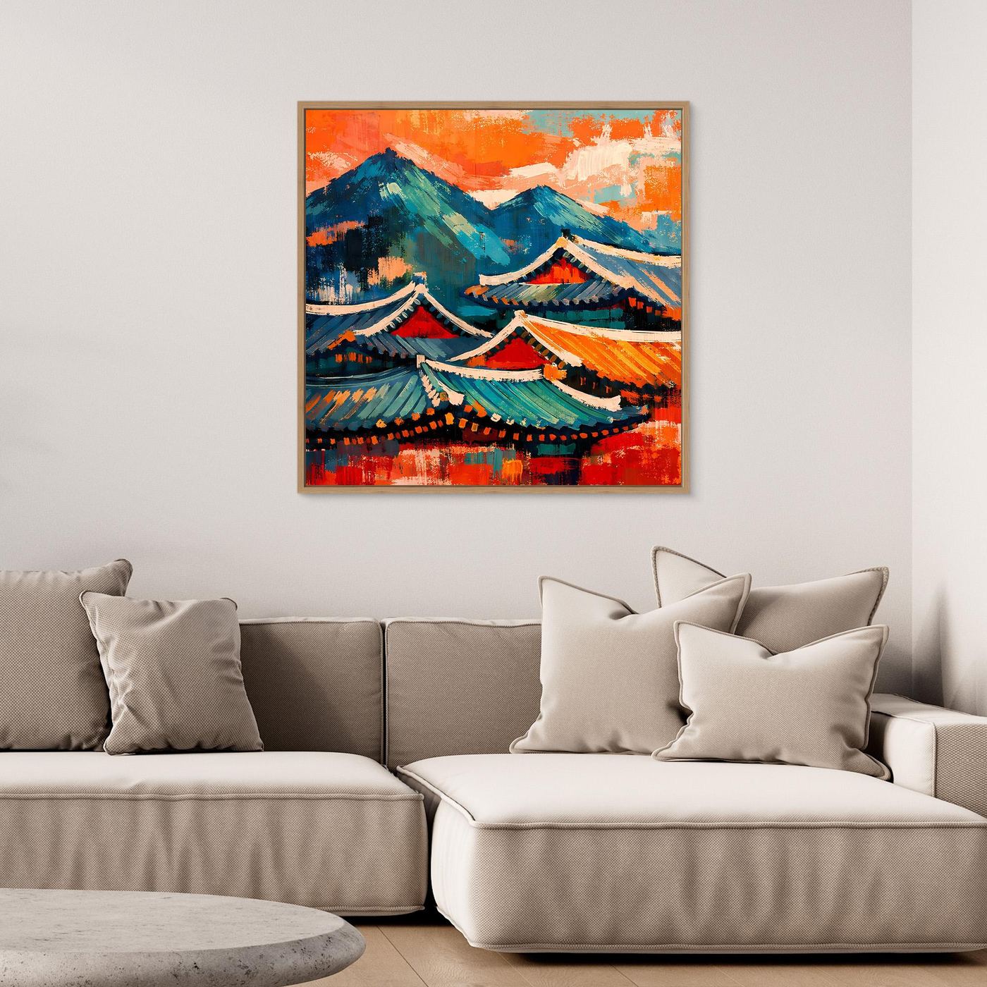 Abstraktes Wandbild mit Pagodendächern, Bergen und orange-blauer Farbgestaltung, mit Rahmen