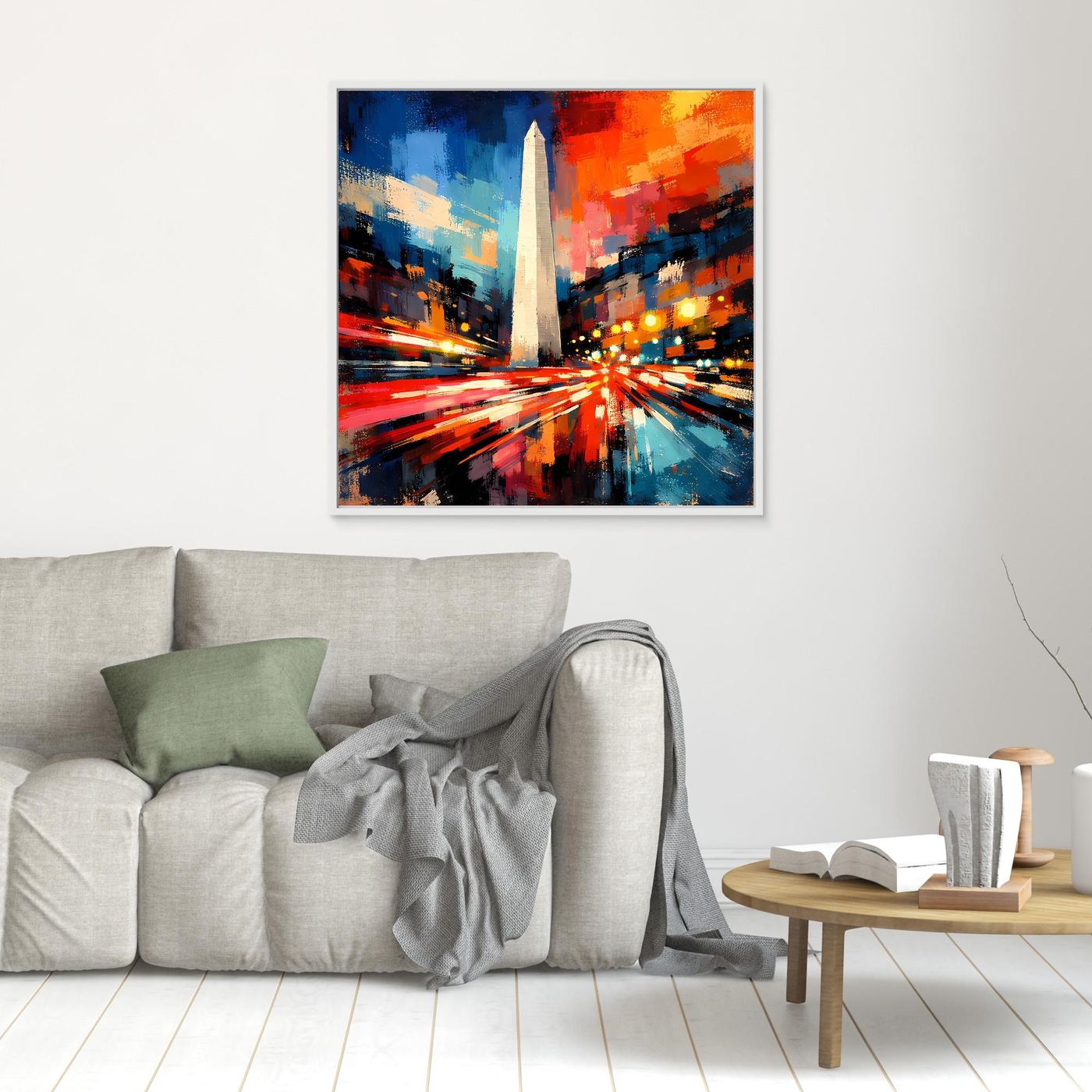 Abstraktes Wandbild mit Obelisk-Motiv in Blau, Rot und Orange, klein, weiß gerahmt