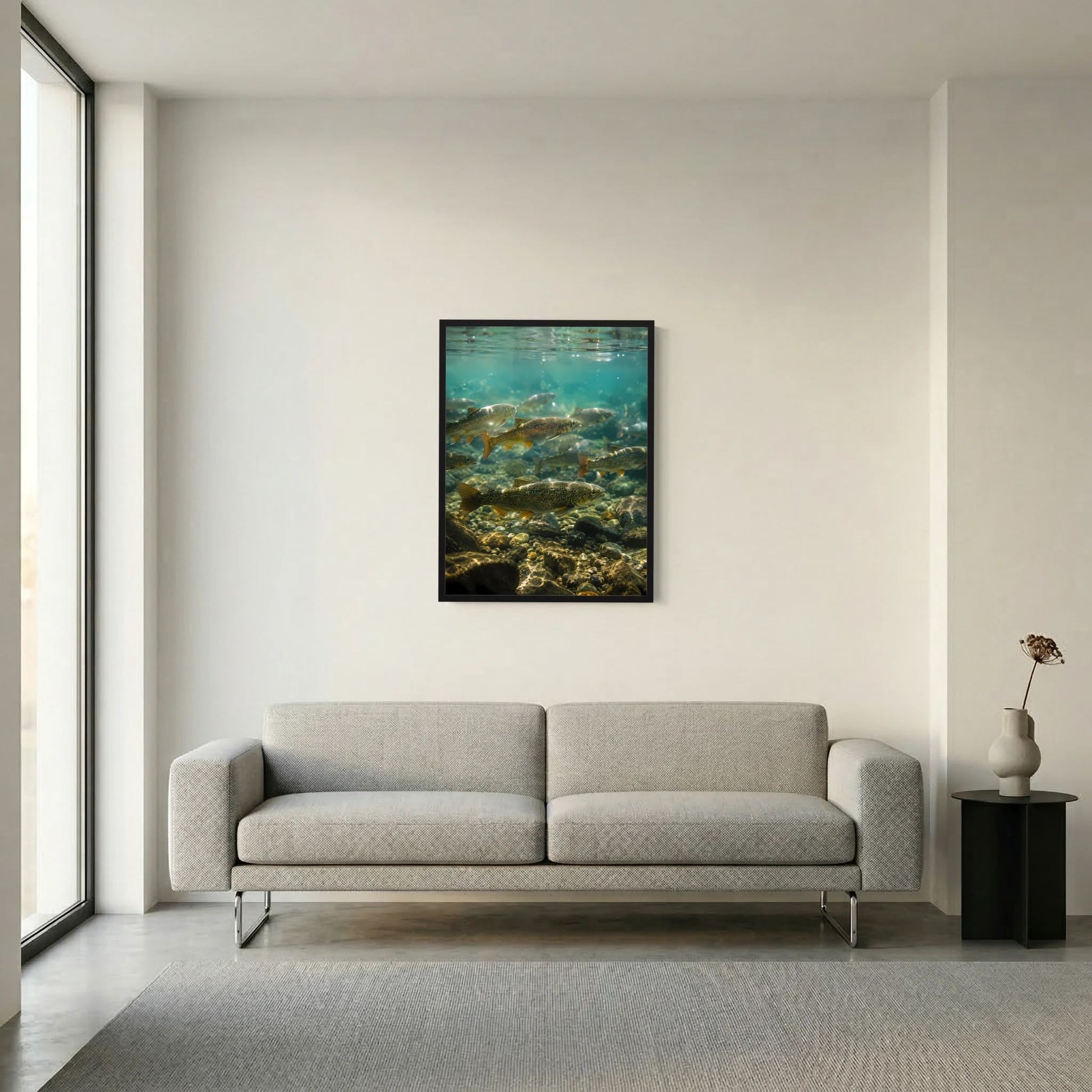 Poster im Hochformat mit Forellen unter Wasser, Blick auf Steine am Gewässerboden