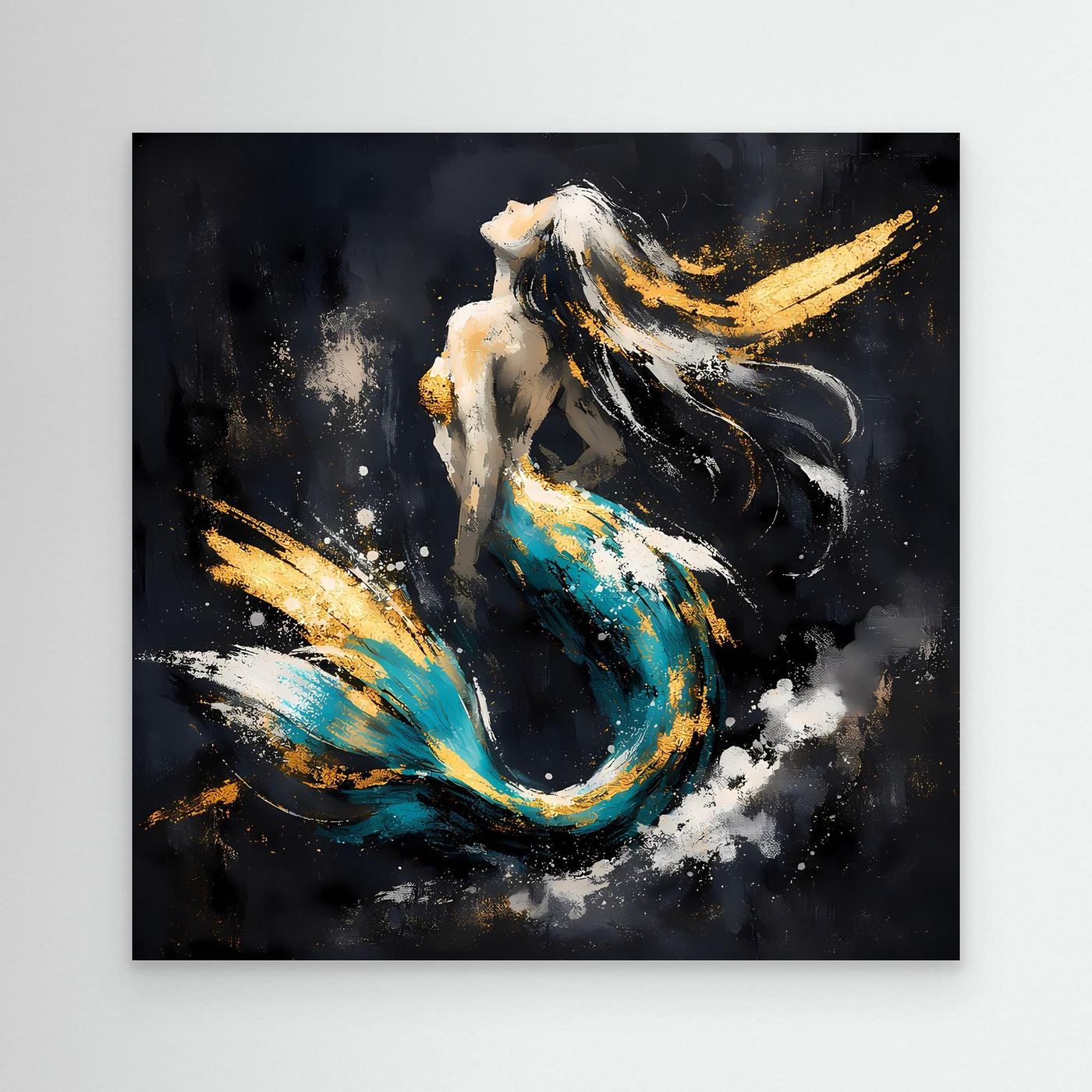 Leinwand Elegante Meerjungfrau in Türkis und Gold | Modernes Fantasy Wandbild
