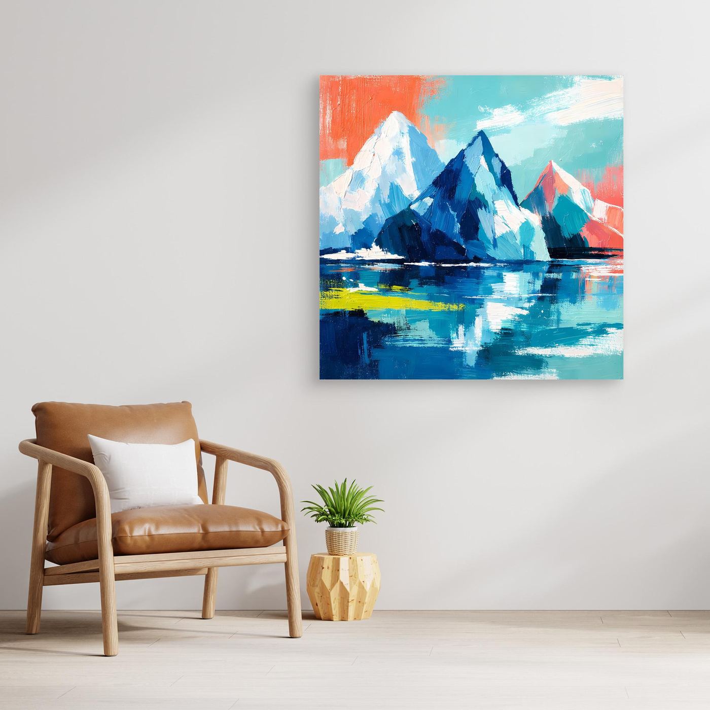 Abstract mountain and sea canvas wall art with blue icebergs, teal sky, and vivid reflections