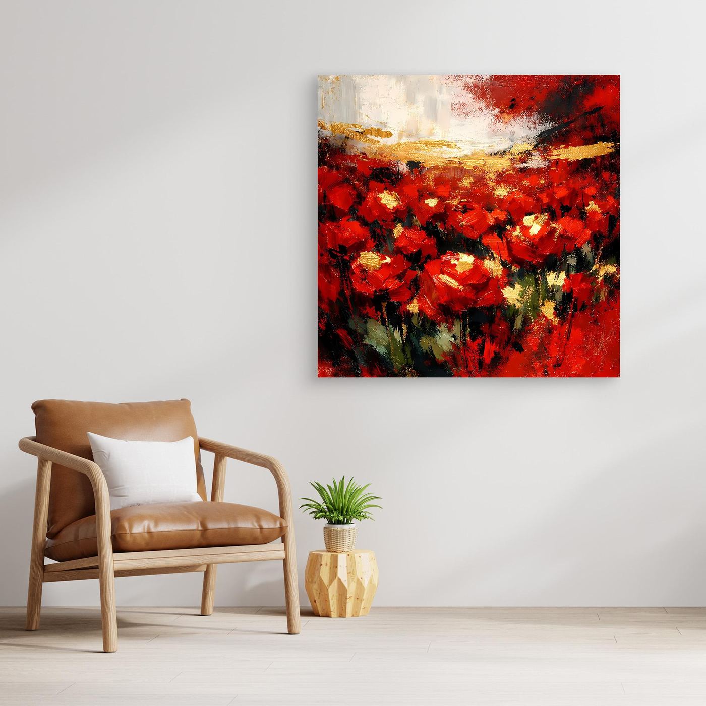 Leinwand-Wandbild mit abstrakten roten Blüten und goldenen Akzenten, mit braunem Holzrahmen.