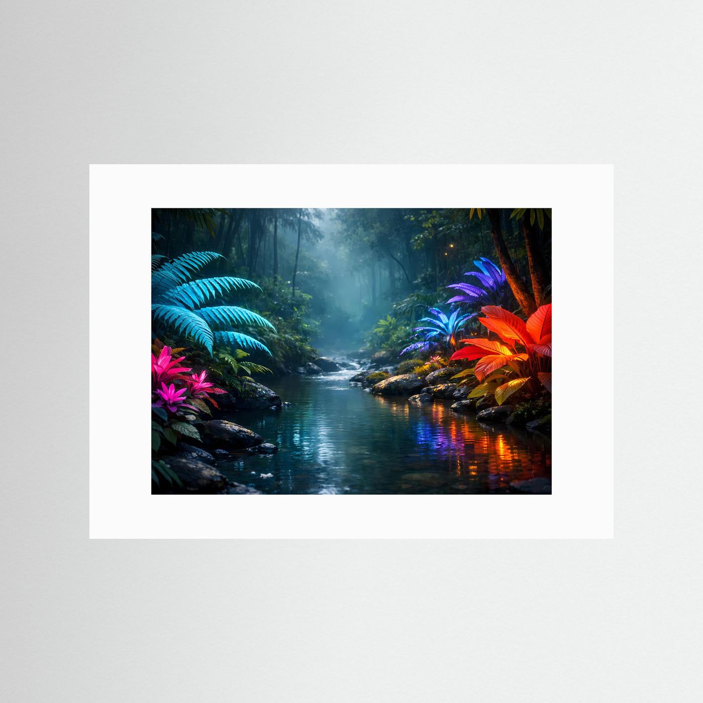 Poster Querformat mit Dschungel und Fluss, Neonpflanzen, mit weißem Passepartout
