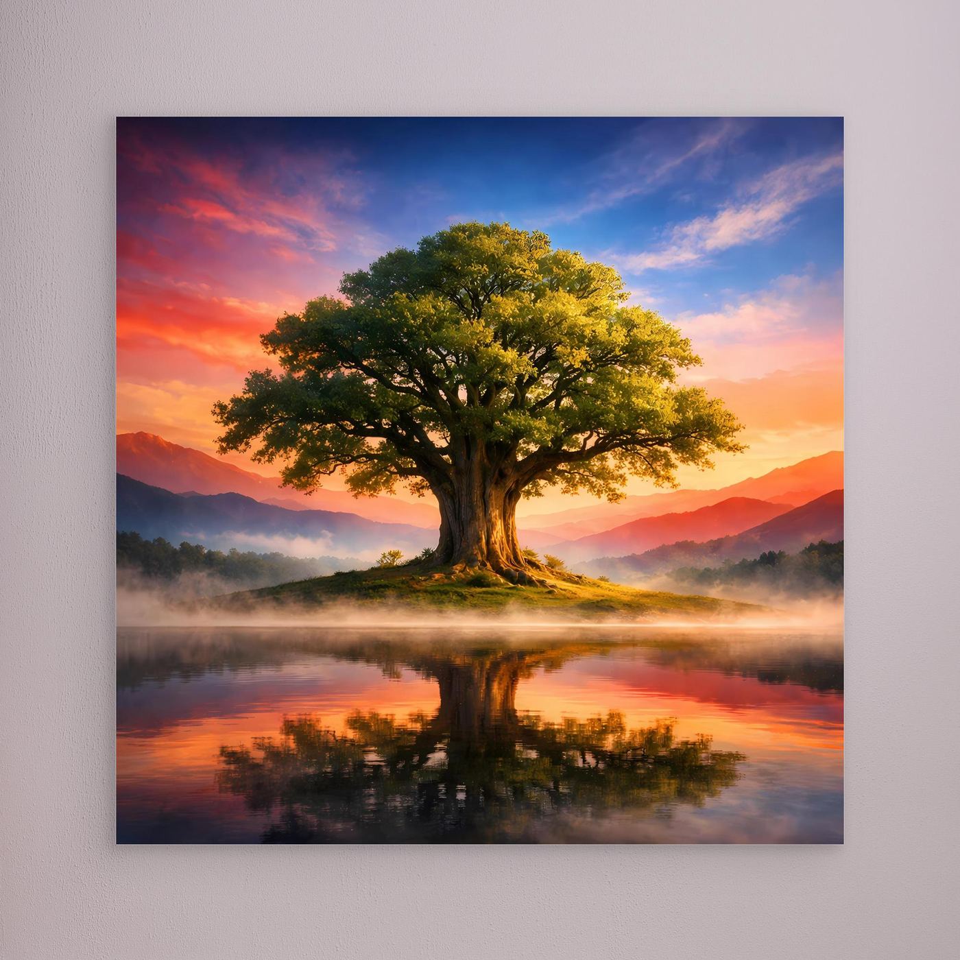 Leinwandbild Lebensbaum mit See-Spiegelung im Sonnenuntergang, ohne Rahmen.