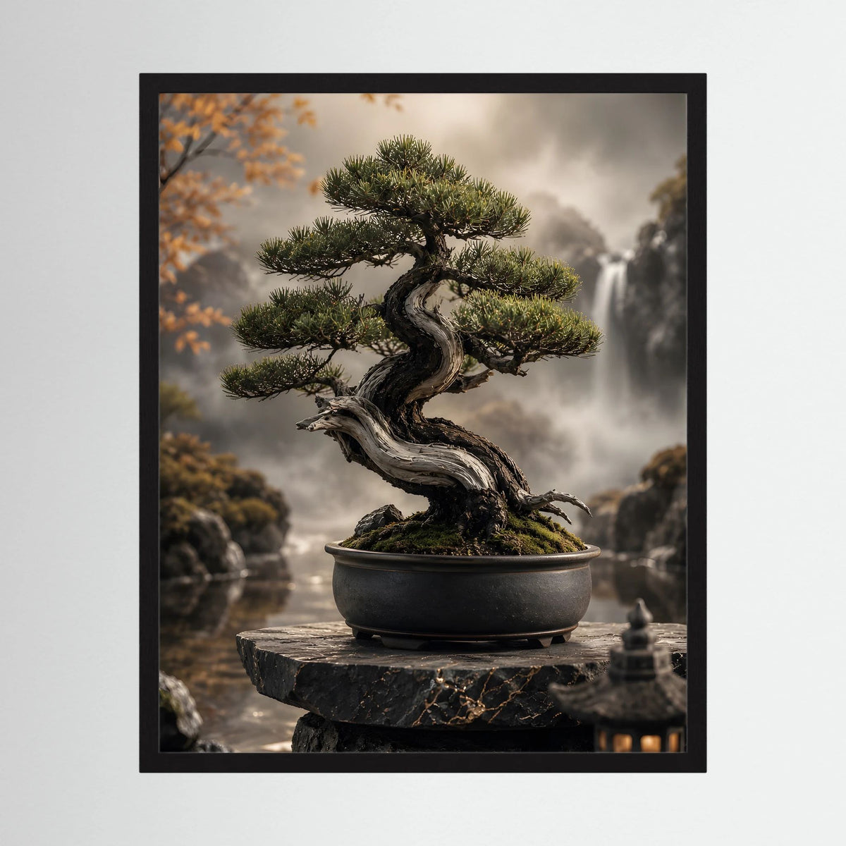 Bonsai-Baum-Zenposter im Hochformat mit schwarzem Rahmen, knorriger Baum in Bonsaischale