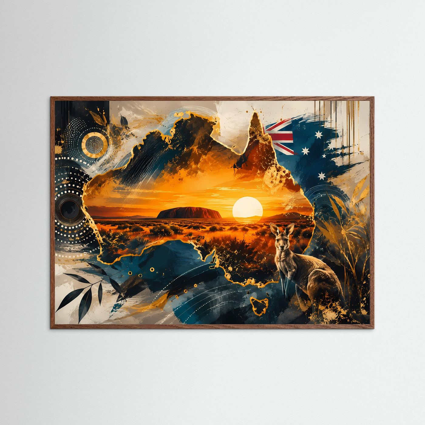 Artprint im dunkleren Eichenrahmen mit Sonnenuntergang, Känguru und Australien-Motiv