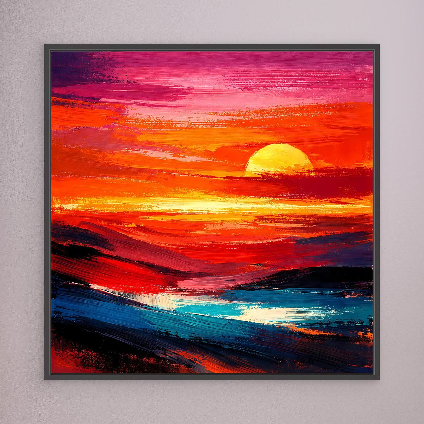 Leinwandbild mit abstraktem Sonnenuntergang und Meer, gelbe Sonne, dunkler Rahmen