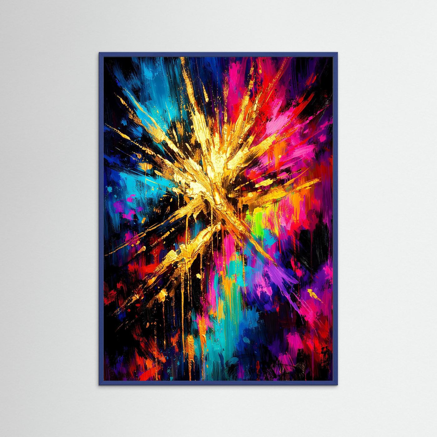 Abstraktes Sternenposter mit blauem Holzrahmen, goldener Strahlenknall in Neonfarben