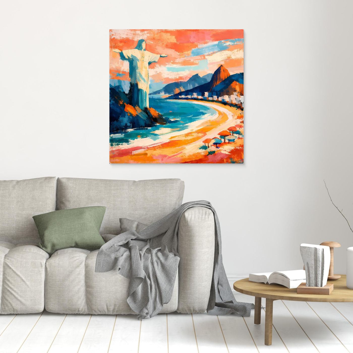 Wandbild (Leinwand): abstrakte Strandlandschaft mit Bergen, blauem Wasser und Sonnenschirmen.