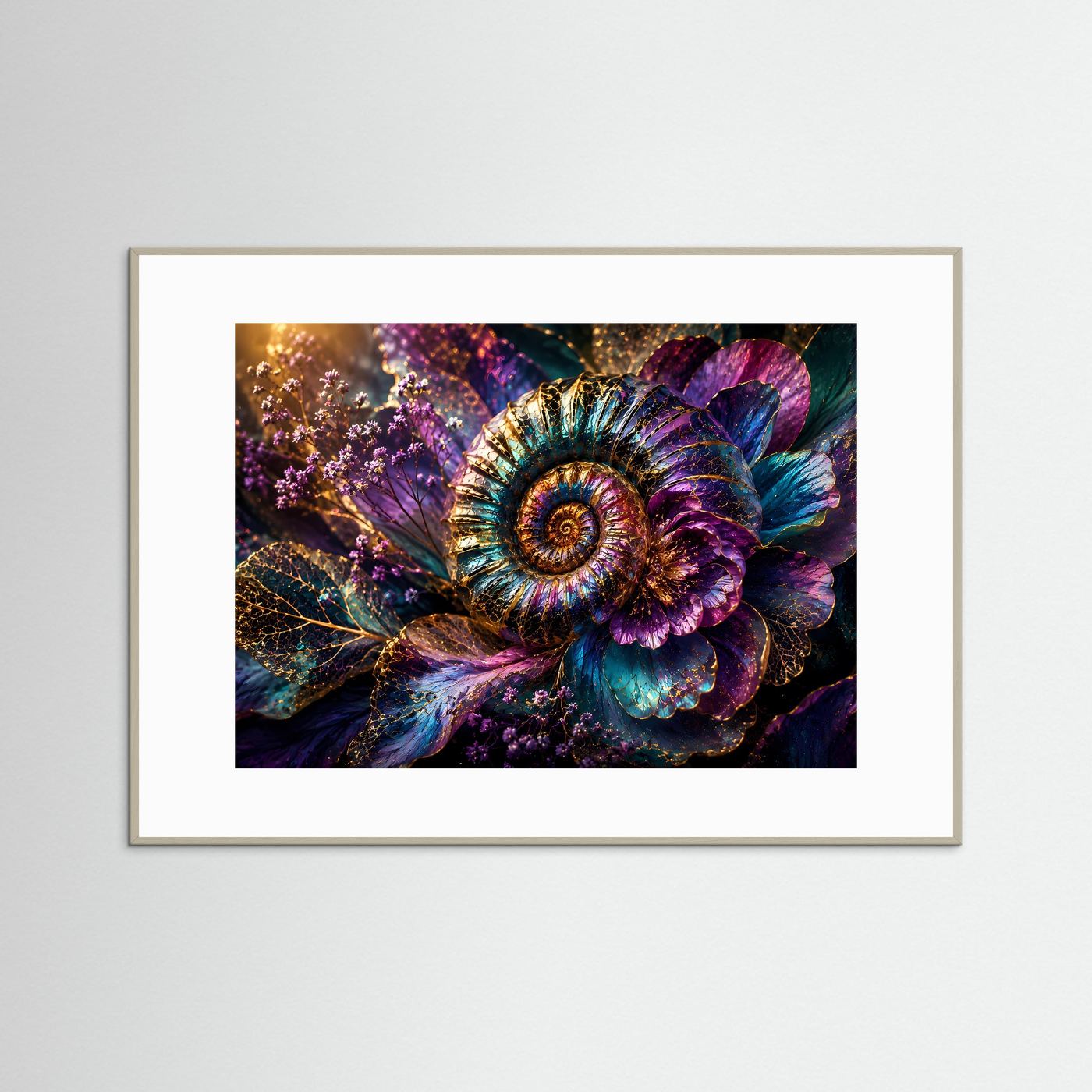 Ammonit Fossil mit Blüten | Luxuriöse botanische Wandkunst in Blau, Violett & Gold