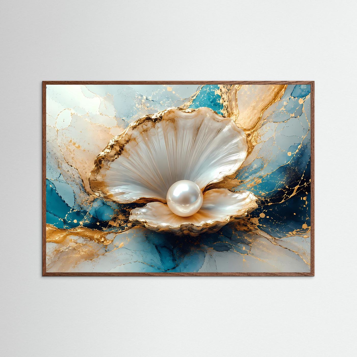 Perlenmuschel Poster | Elegante Muschel mit Perle Wandbild | Luxuriöse Gold Blau Marmor Kunst
