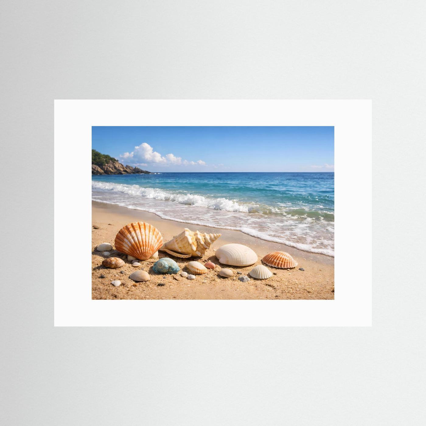 Poster im Querformat: Muscheln am Sandstrand, ohne Rahmen, mit weißem Rand