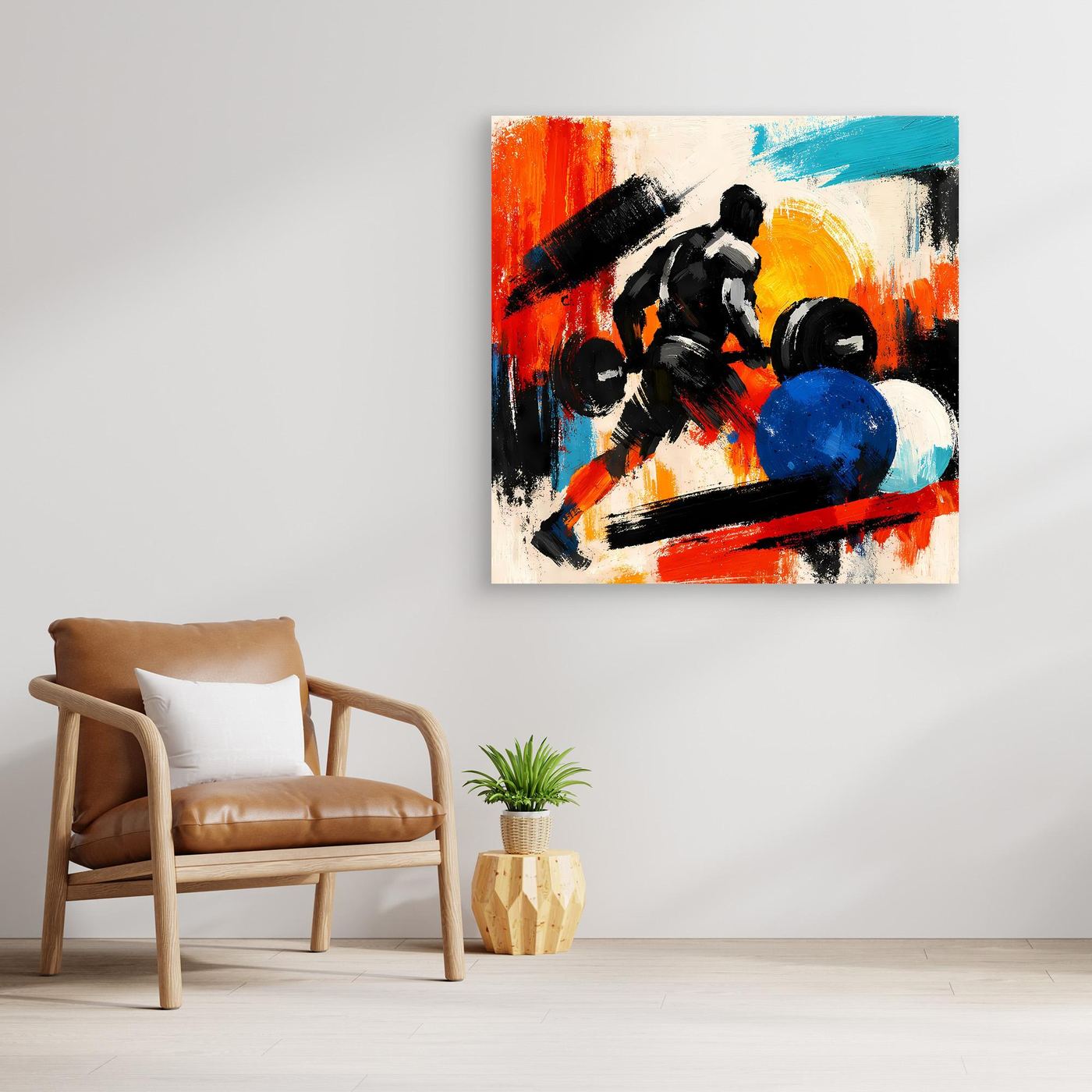 Abstract fitness wall canvas with colorful bodybuilder and dumbbells, unframed
