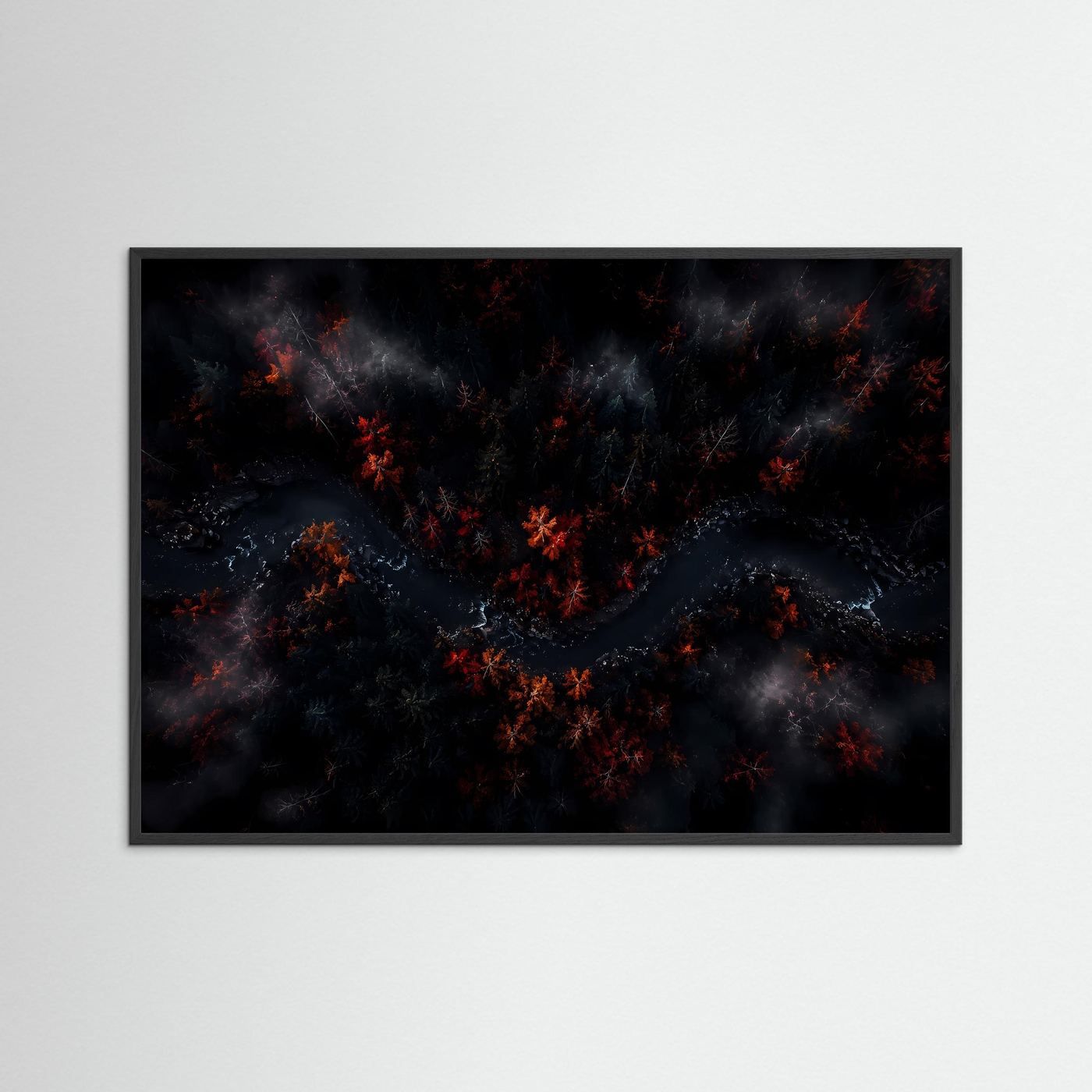 Mystischer Wald aus der Vogelperspektive | Dunkles Herbst Landschaftsbild | Atmosphärische Waldkunst mit Fluss | Modernes Natur Poster | Premium Leinwand