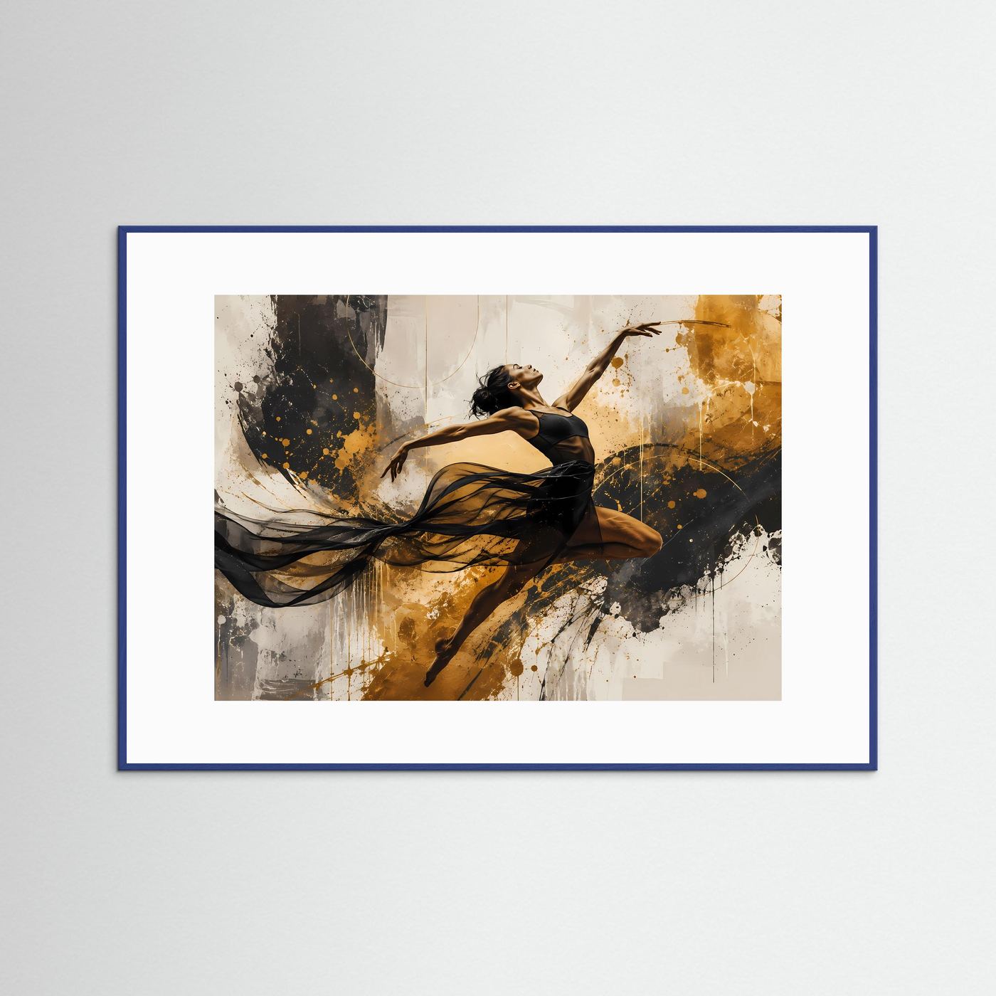 Dynamische Tänzerin in Schwarz, Weiß & Gold | Abstraktes Kunstposter im Querformat | Modernes Wandbild