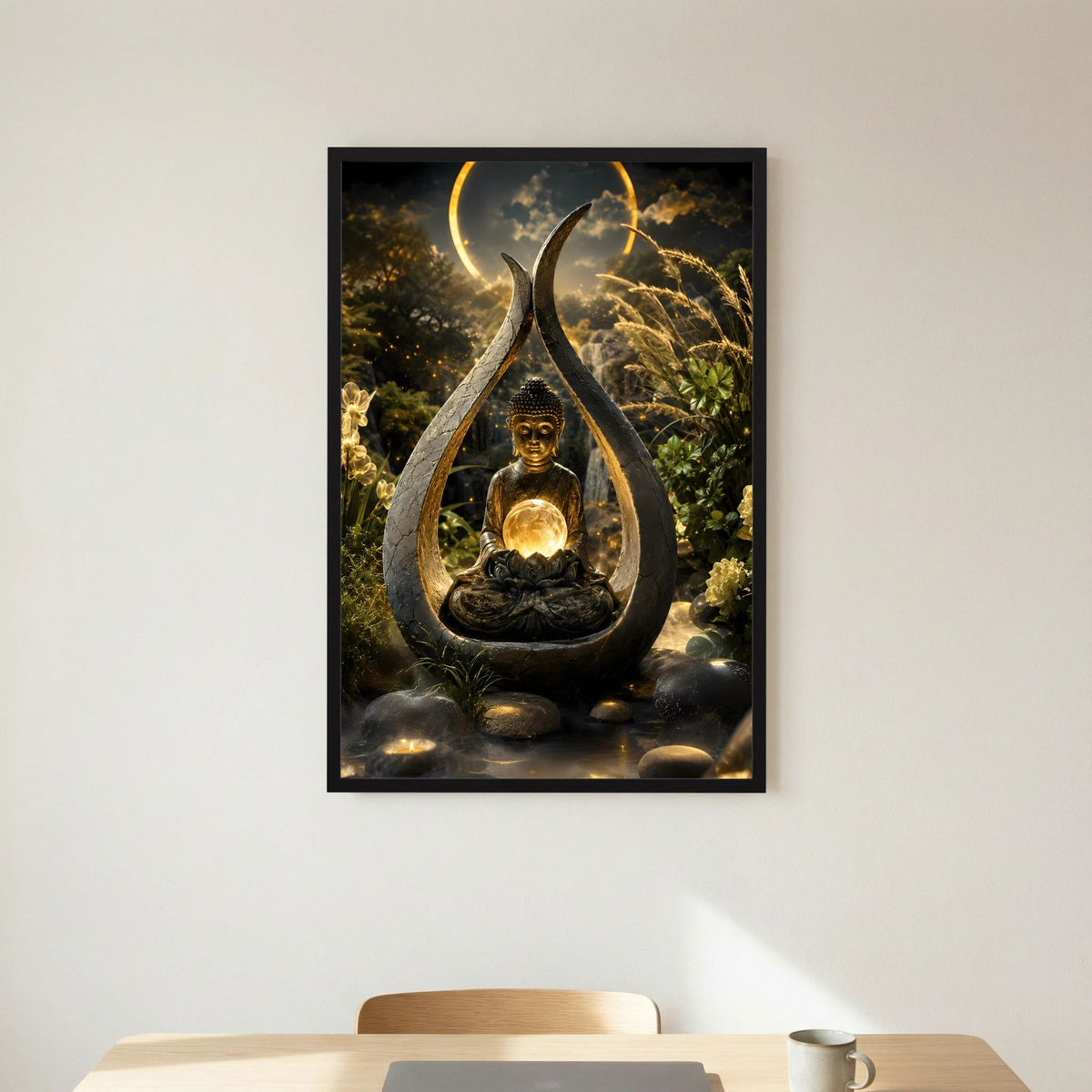 Hochformatiges Kunstposter mit meditiertem Buddha und goldener Lichtkugel, Tropfen-Relief, schwarzer Rahmen