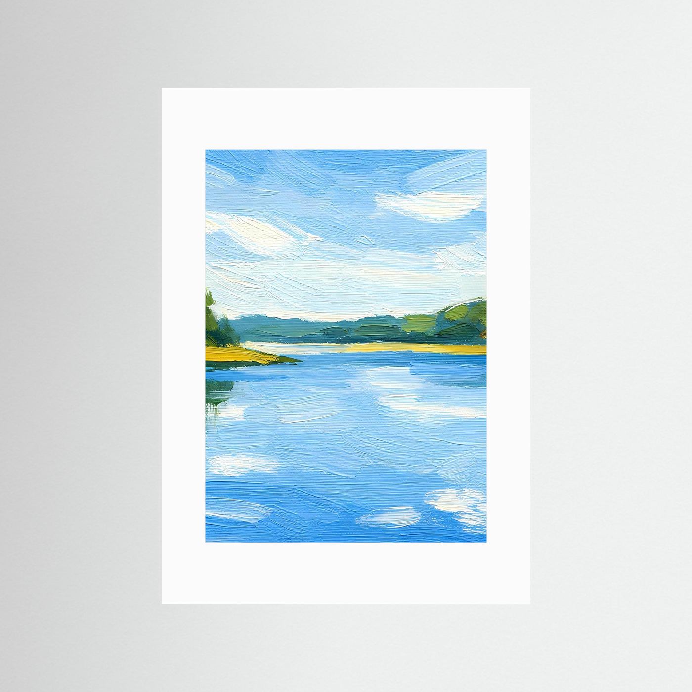 Poster mit blauer Flusslandschaft im Sommer, weißes Passepartout