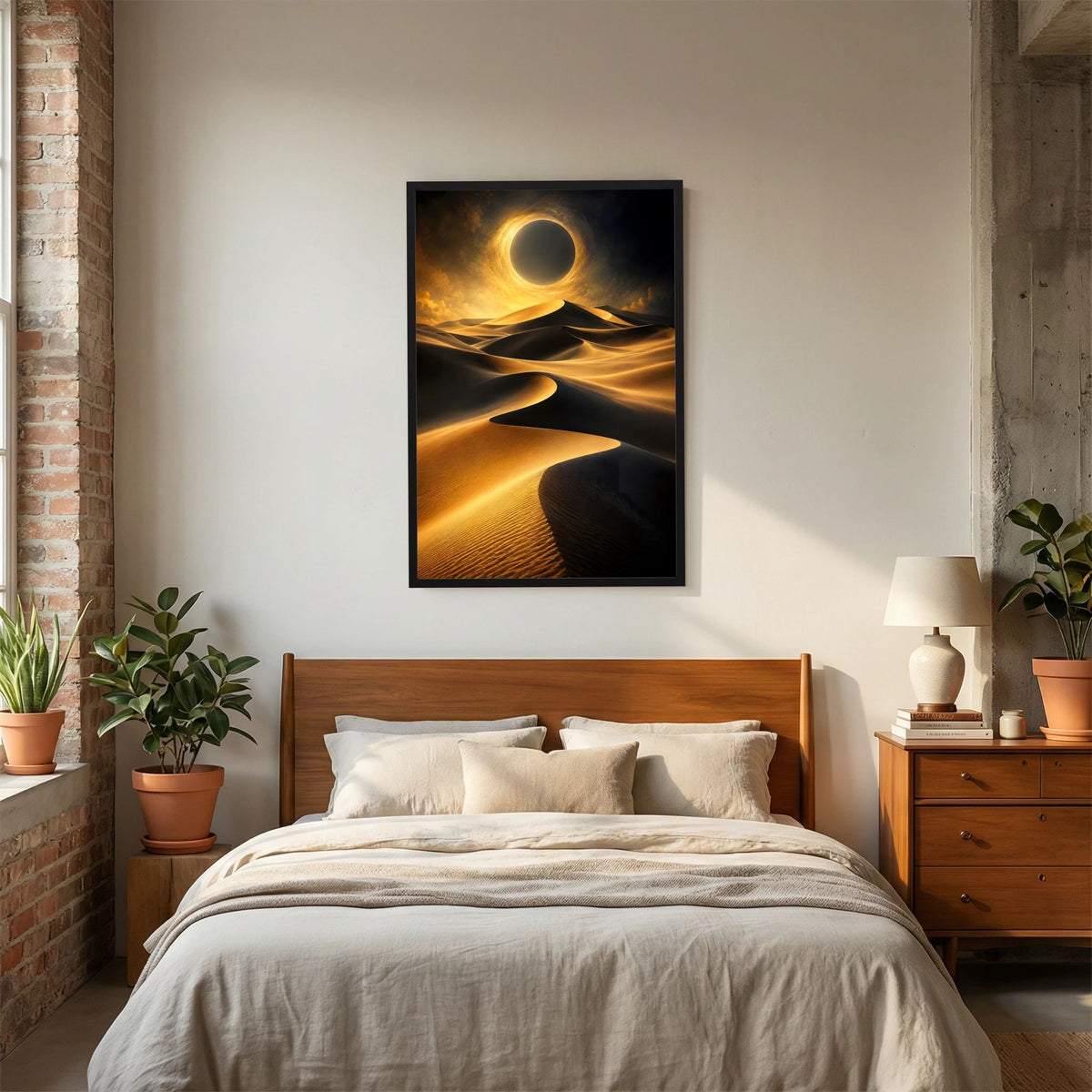 Kunstposter im Hochformat: Goldener Mondschein über schwarzen Wüstendünen, schwarzer Rahmen