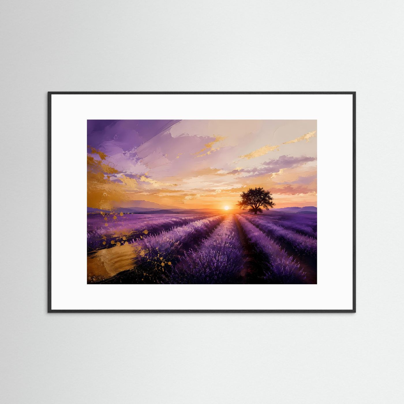 Lavendelfeld-Wandbild mit Sonnenuntergang: lila Felder, schwarzer Rahmen, weißer Rand
