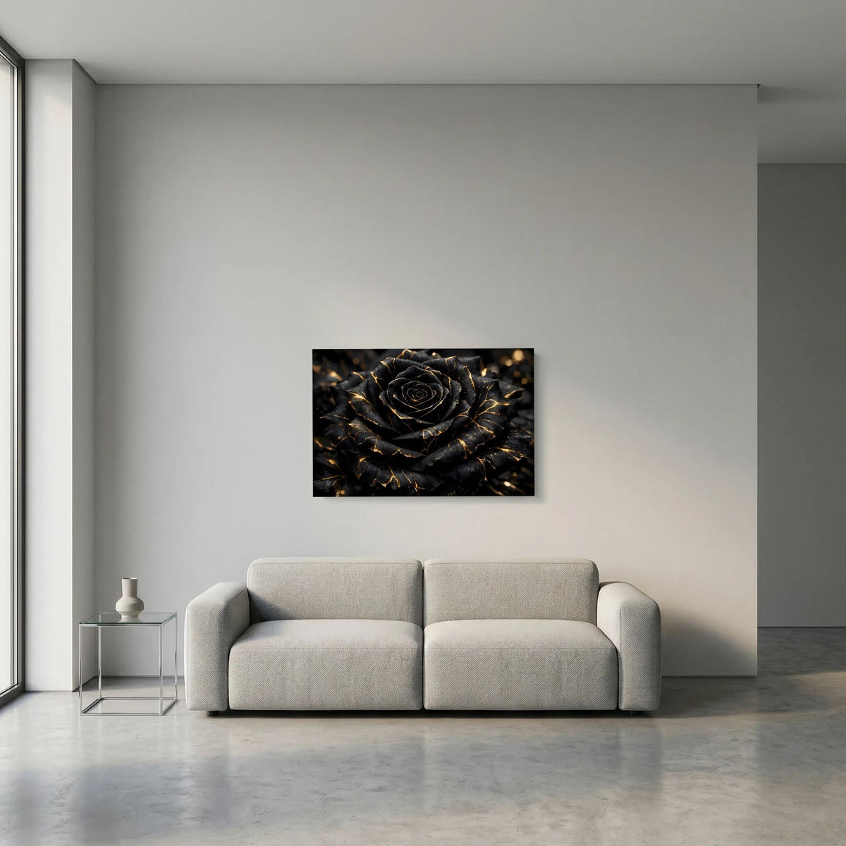 Wandbildausschnitt: schwarze Rose mit goldenen Linien, quadratisches Format