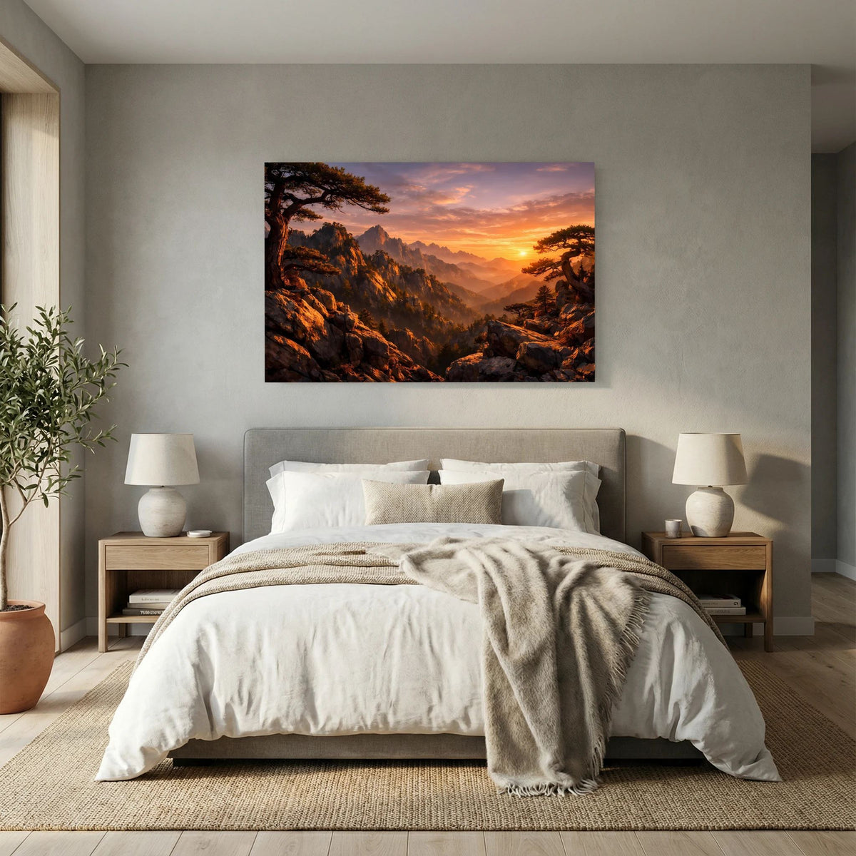 Wandposter im Querformat: felsige Alpenlandschaft mit orangefarbenem Sonnenuntergang