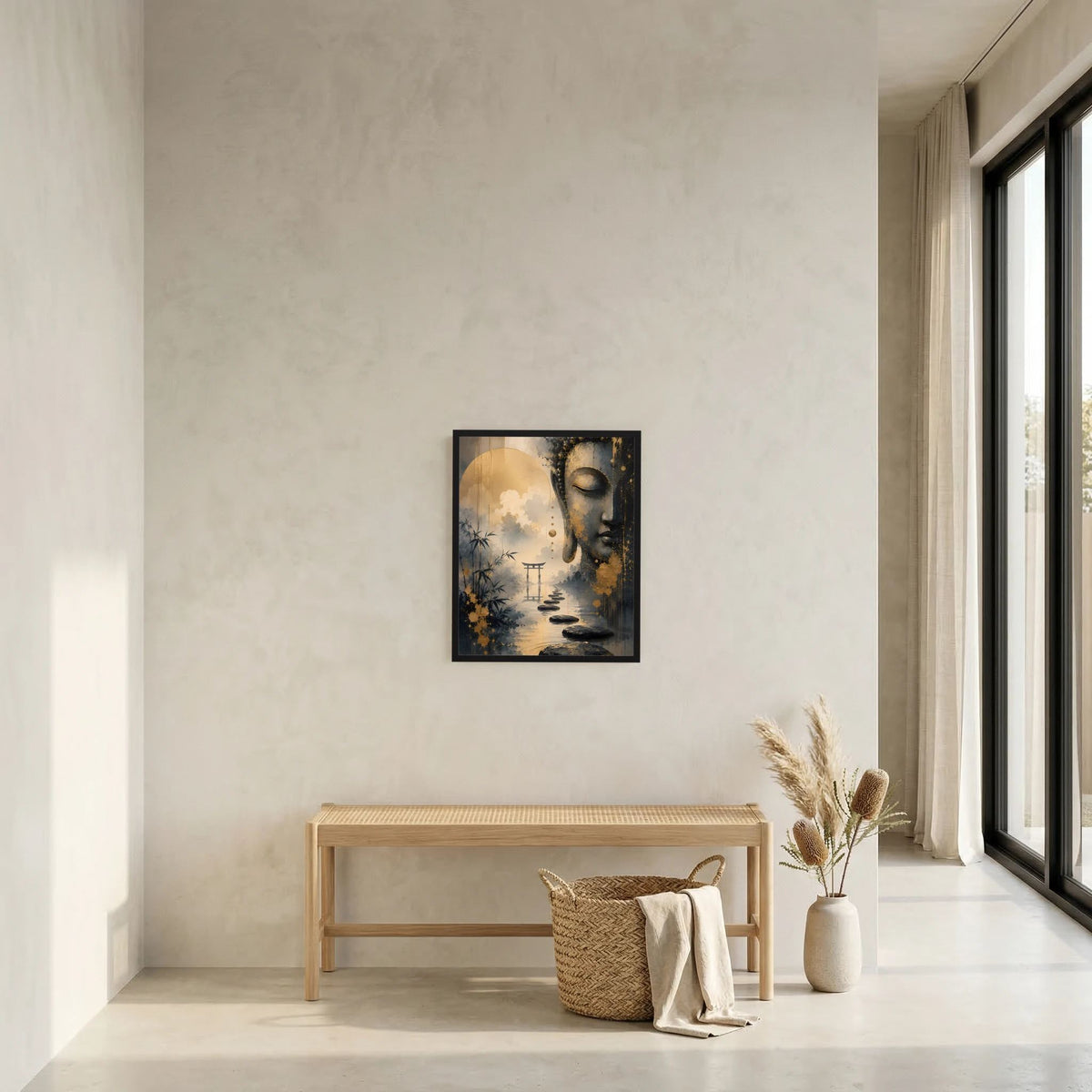 Gerahmtes Hochformat-Poster mit Buddha-Gesicht in Gold und Schwarz vor Himmel und Wasser